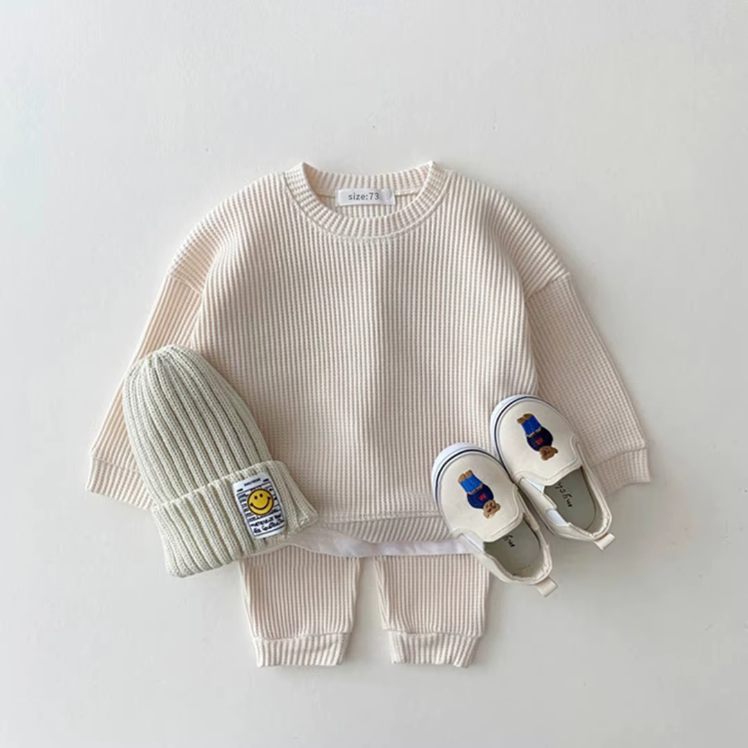 Ensemble de vêtements coréens pour bébés garçons, faux deux pièces en coton gaufré + pantalon, tenue
