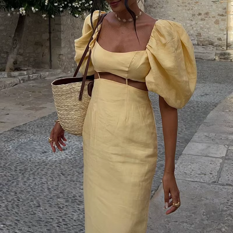 Robe de soirée à manches bouffantes pour femmes, taille creuse, robe d'été élégante, couleur unie, c