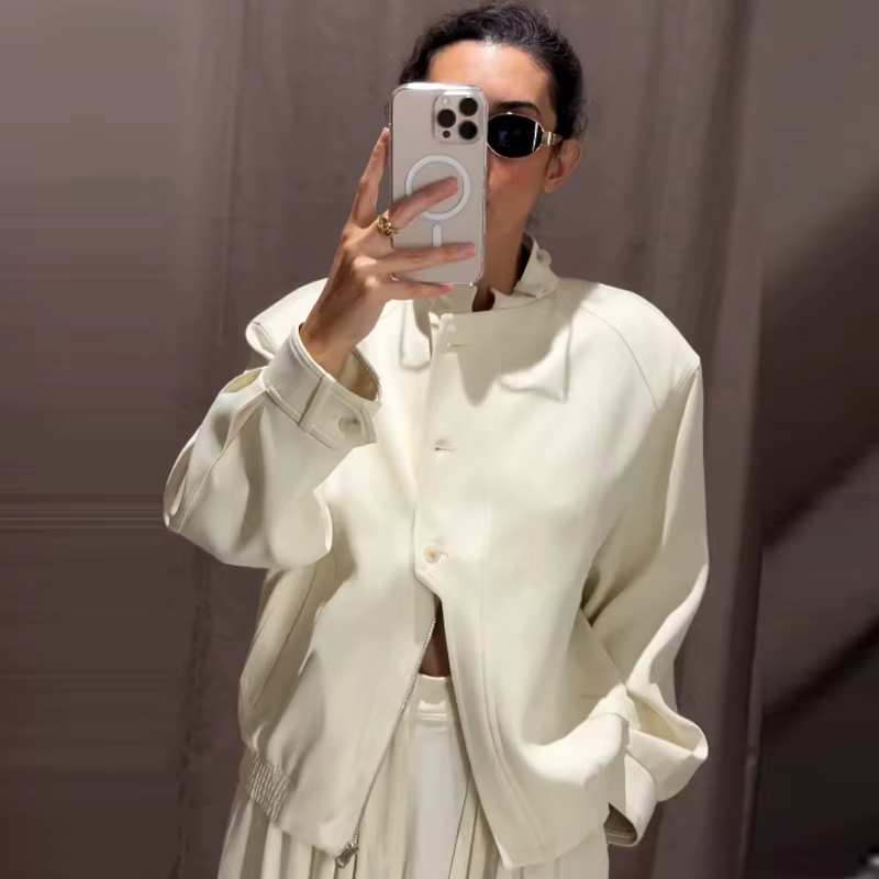 HXAO 2025 femmes Bomber veste automne hiver bouton surdimensionné vêtements d'extérieur Beige à manc