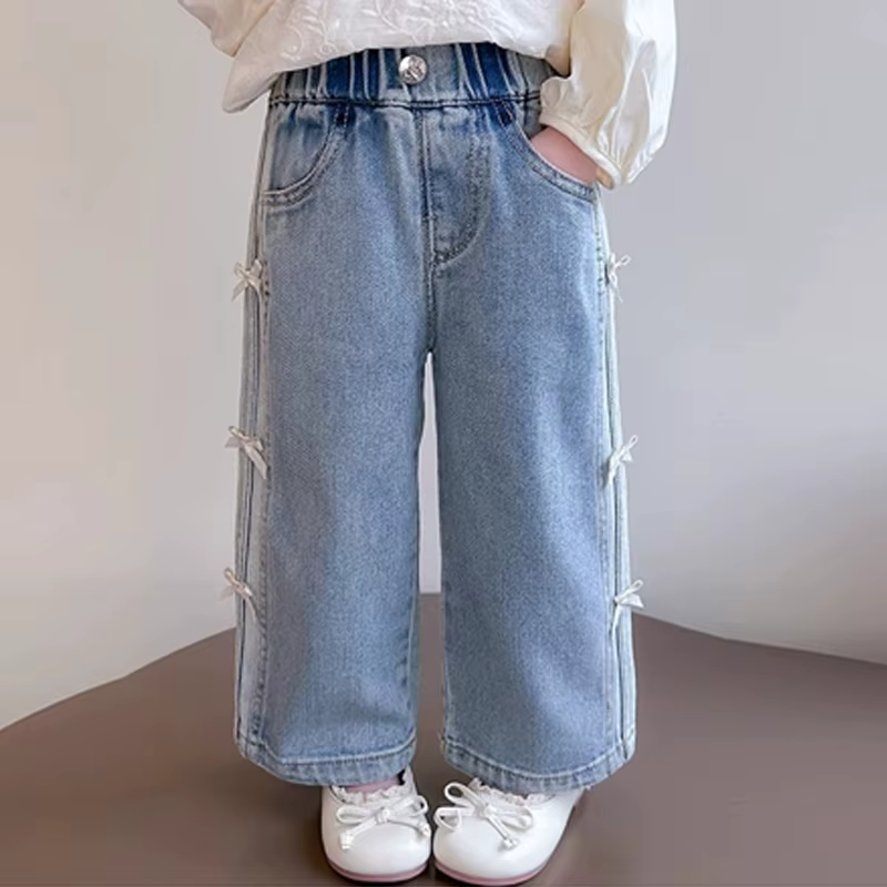 Jeans de printemps pour bébés filles, pantalon en denim à nœud pour enfants, pantalon droit à jambes