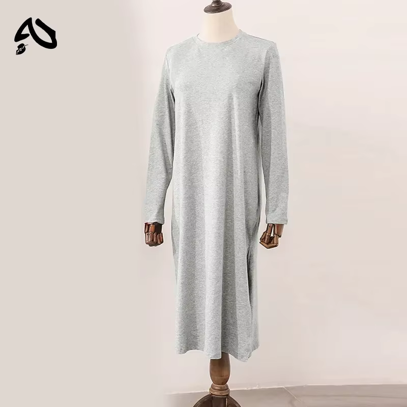 Robe longue décontractée en coton pour femme, ample, à manches longues, col rond, couleur unie, styl