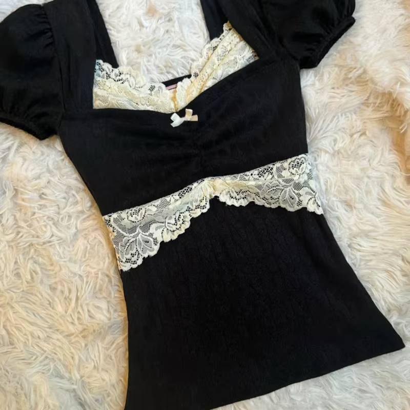 Hauts Y2K Grunge à manches courtes pour femmes, chemise estivale en dentelle patchwork, style coquet