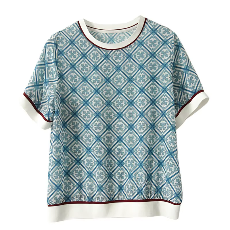 Nouveauté Été 2026 : T-shirt décontracté pour femme, à manches courtes, en soie glacée, imprimé cont