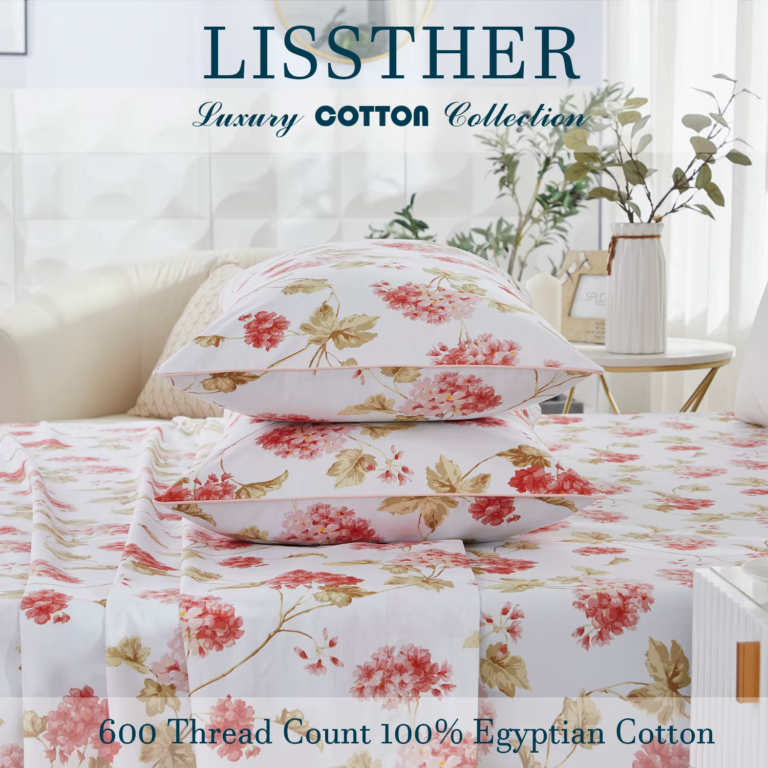 Ensemble de housse de couette 100% coton égyptien 600TC, 3 pièces, Floral de printemps rose Shabby C