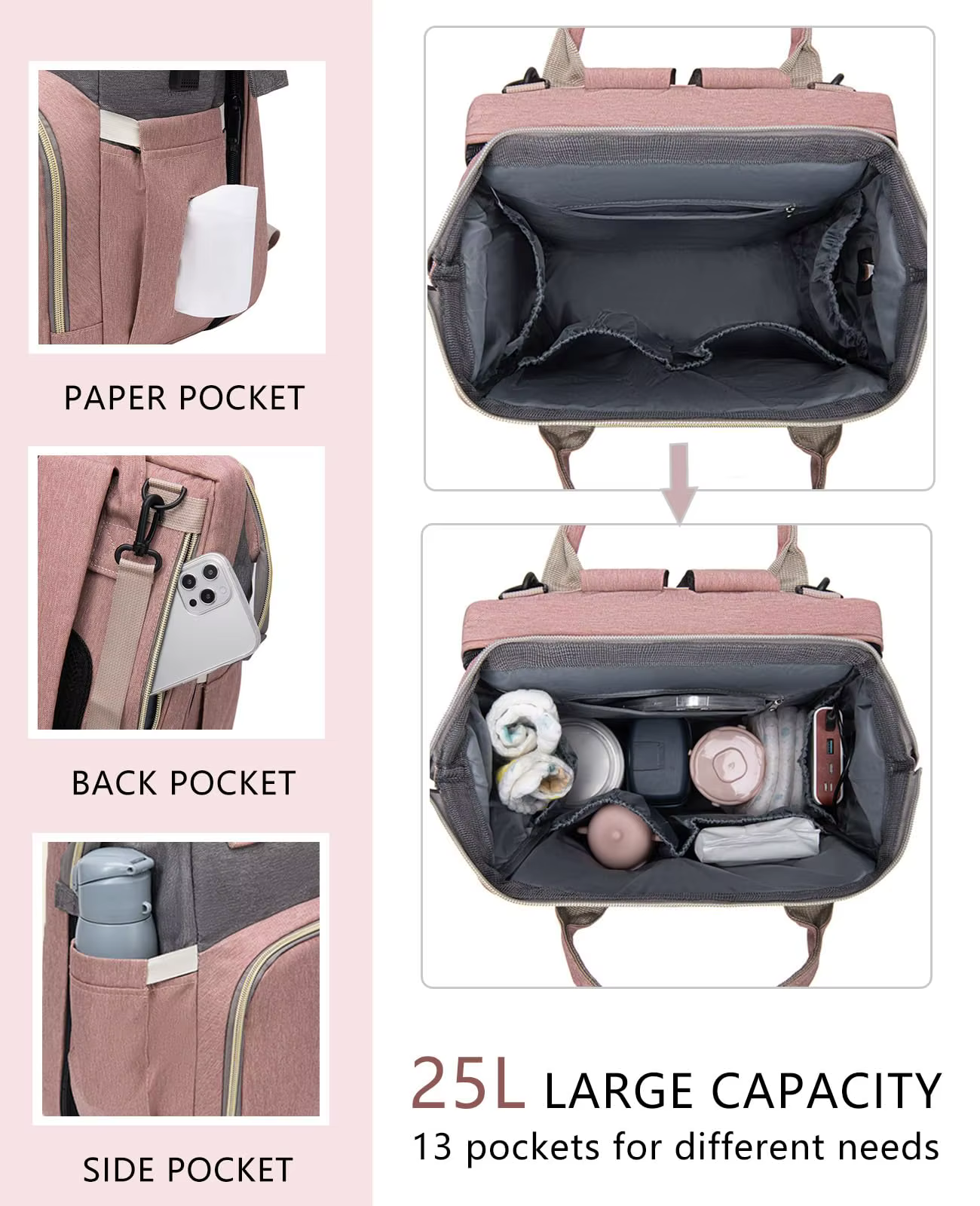 Sac à dos pour couches avec matelas à langer, grande capacité, sac de voyage pour bébé pour maman, i