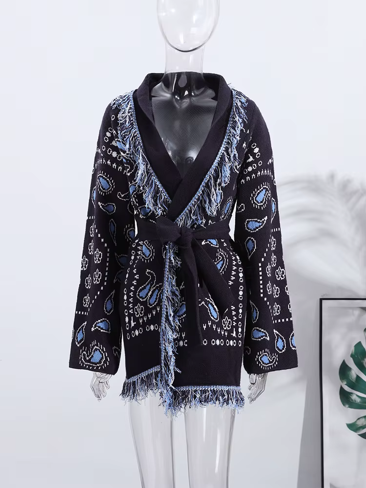 Cardigan imprimé Vintage avec pompons pour femme, col en v, manches longues, pull épissé, assorti av