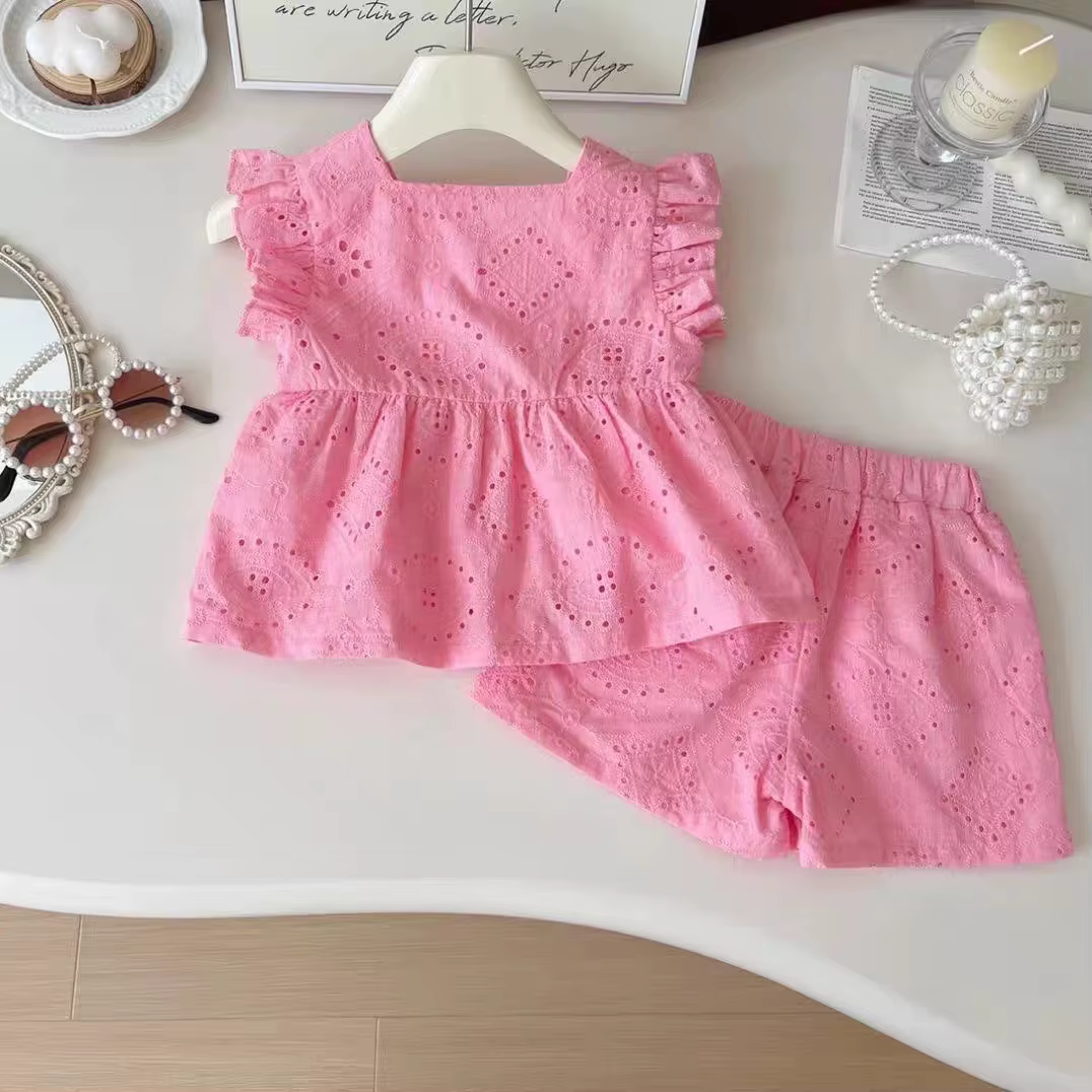 Nouveau style coréen filles été rose coton costume bébé creux petites manches volantes haut + short 