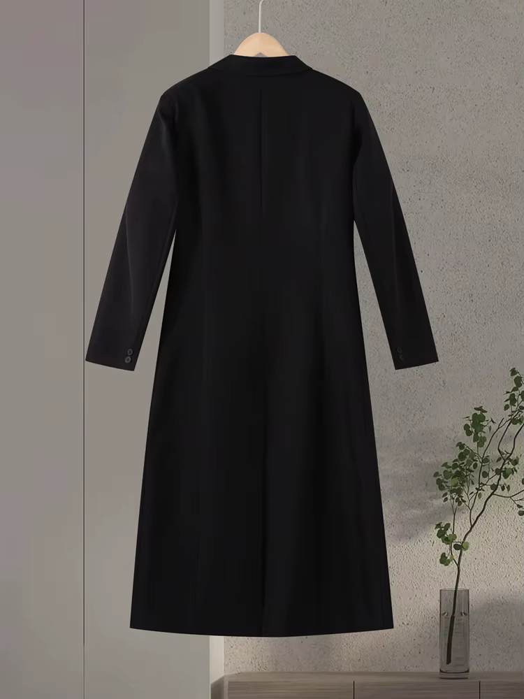 Blazer long noir pour femme, style bureau, manches longues, col rabattu, tunique, simple boutonnage,