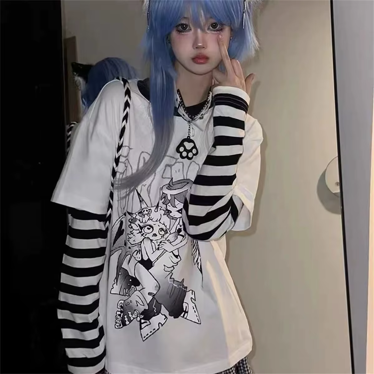Mode rayure imprimé T-shirts basique t-shirt décontracté surdimensionné Patchwork hauts à manches lo