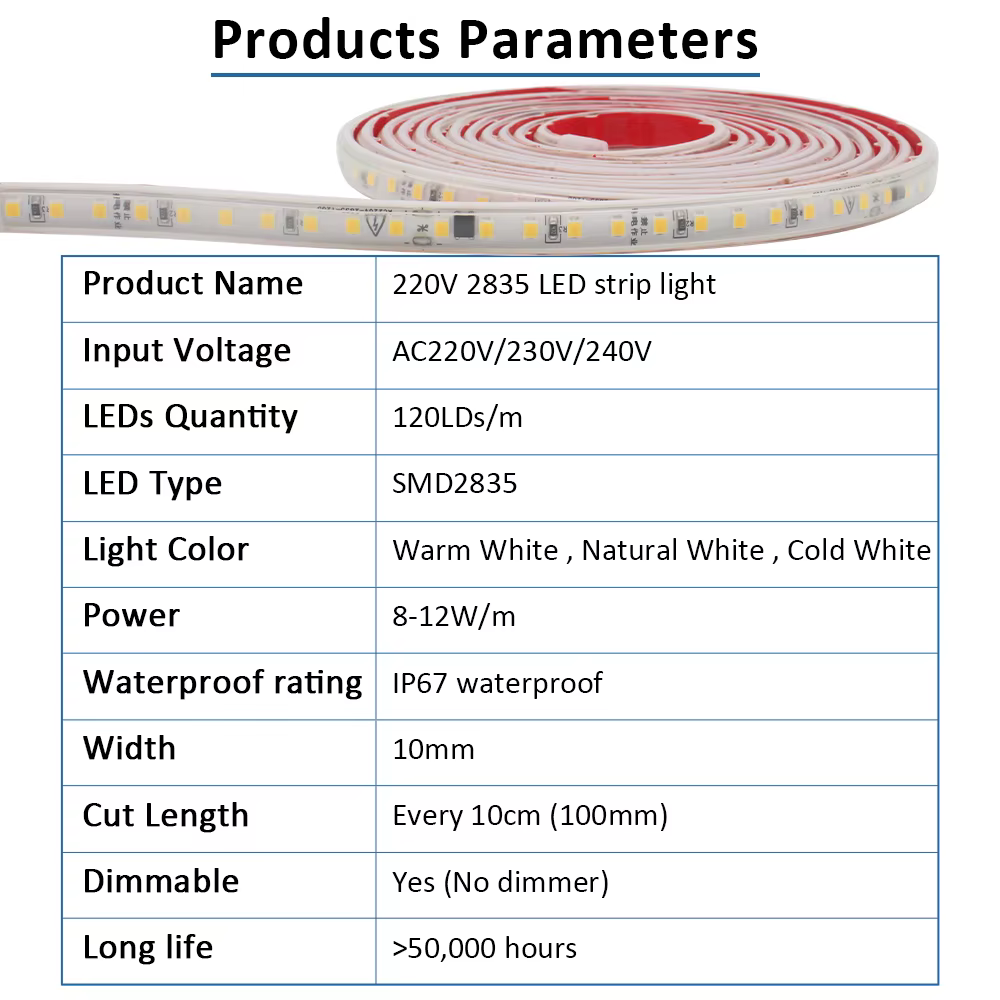 Bande lumineuse LED AC 220V 230V 2835, étanche IP67, 120 diodes/m, Flexible, blanc chaud et froid, 1