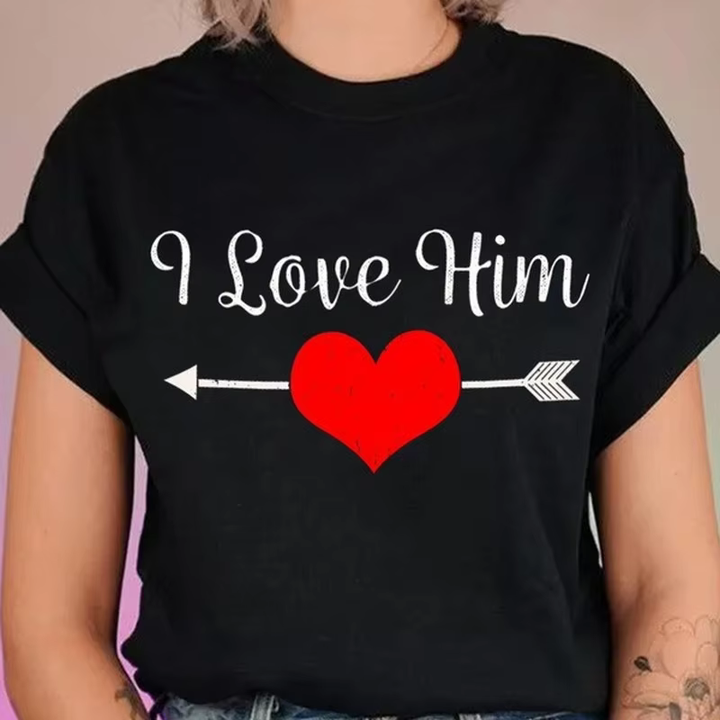 T-shirt col rond pour couple, estival et décontracté, avec I Love Him, King Queen, pour amoureux