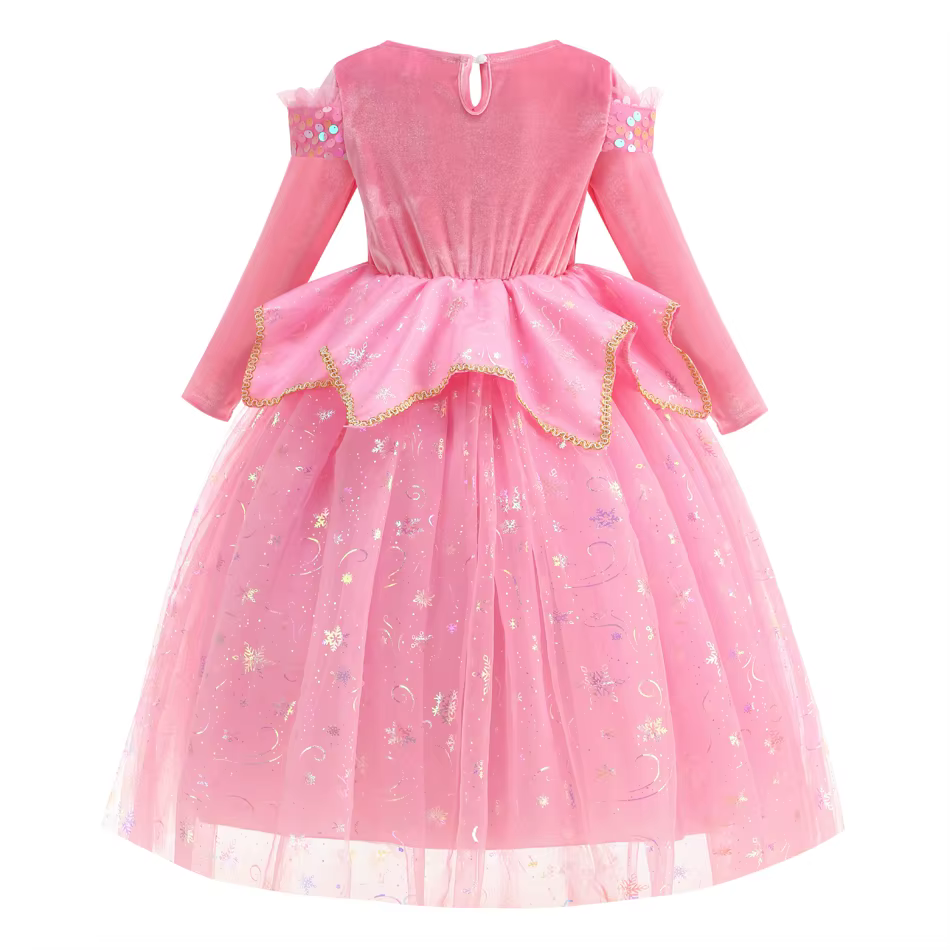 Robe de princesse Aurora pour filles, robe longue en tulle rose à paillettes, couronne, baguette mag