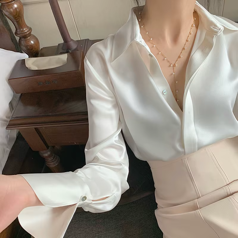 Chemisier en Satin à manches longues pour femmes, mode française, chemises de couleur unie, vêtement