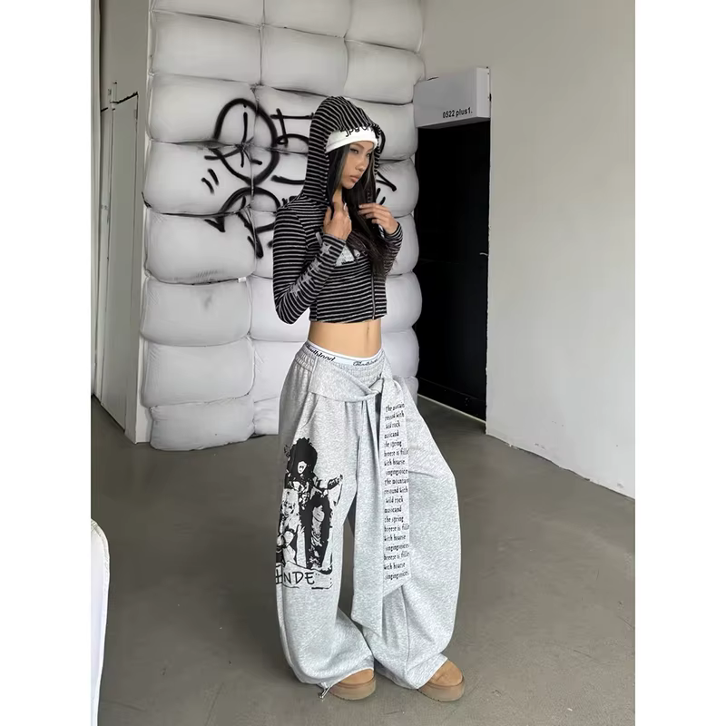 ZHIZOU femmes gris gothique Baggy Y2k lettre impression pantalon Harajuku années 2000 Vintage surdim