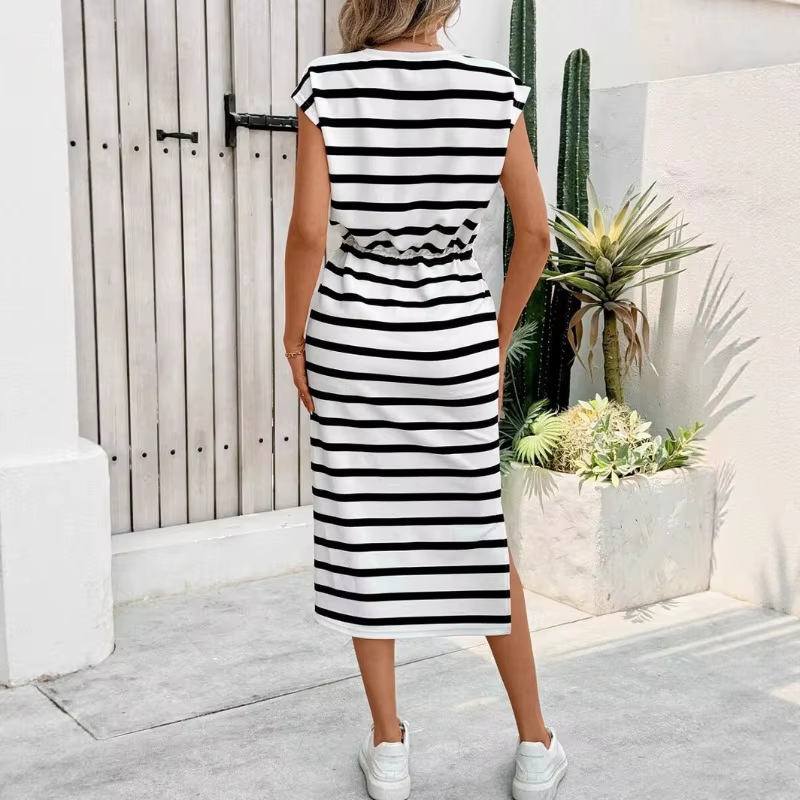 Robe décontractée à rayures noires et blanches pour femmes, col rond, robe blanche, robe d'été