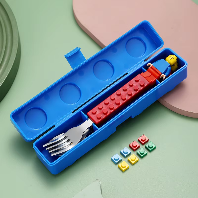 304 inoxydable enfants drôle fourchette cuillère ensemble enfants bloc de construction jouets dessin