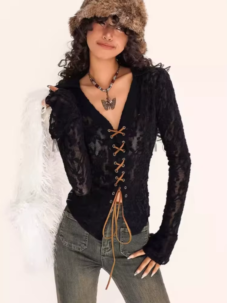 Chemise à col en V à manches évasées en dentelle pour femmes, chemise de base solide, haut une pièce