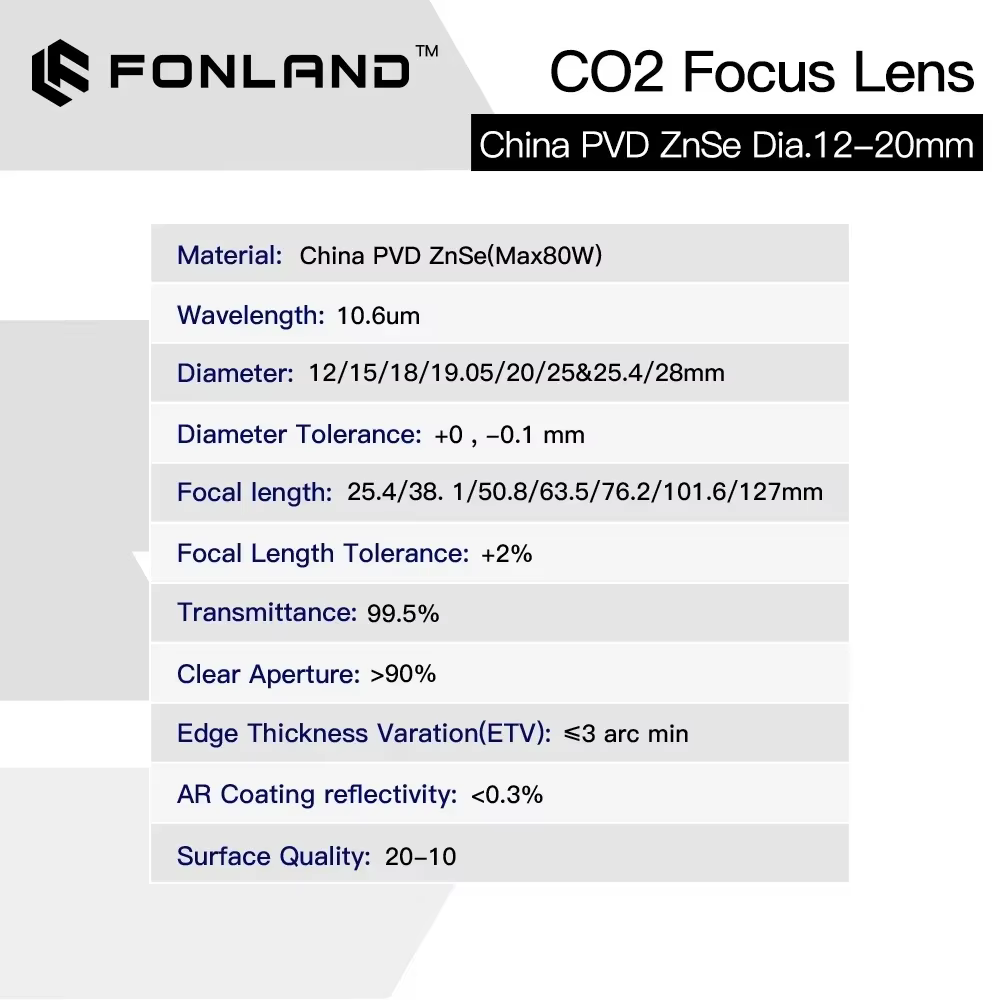 Fonland ZnSe lentille de mise au point lentille Laser PVD Dia.18/19.05/20 FL38.1/50.8/63.5/76.2/101.
