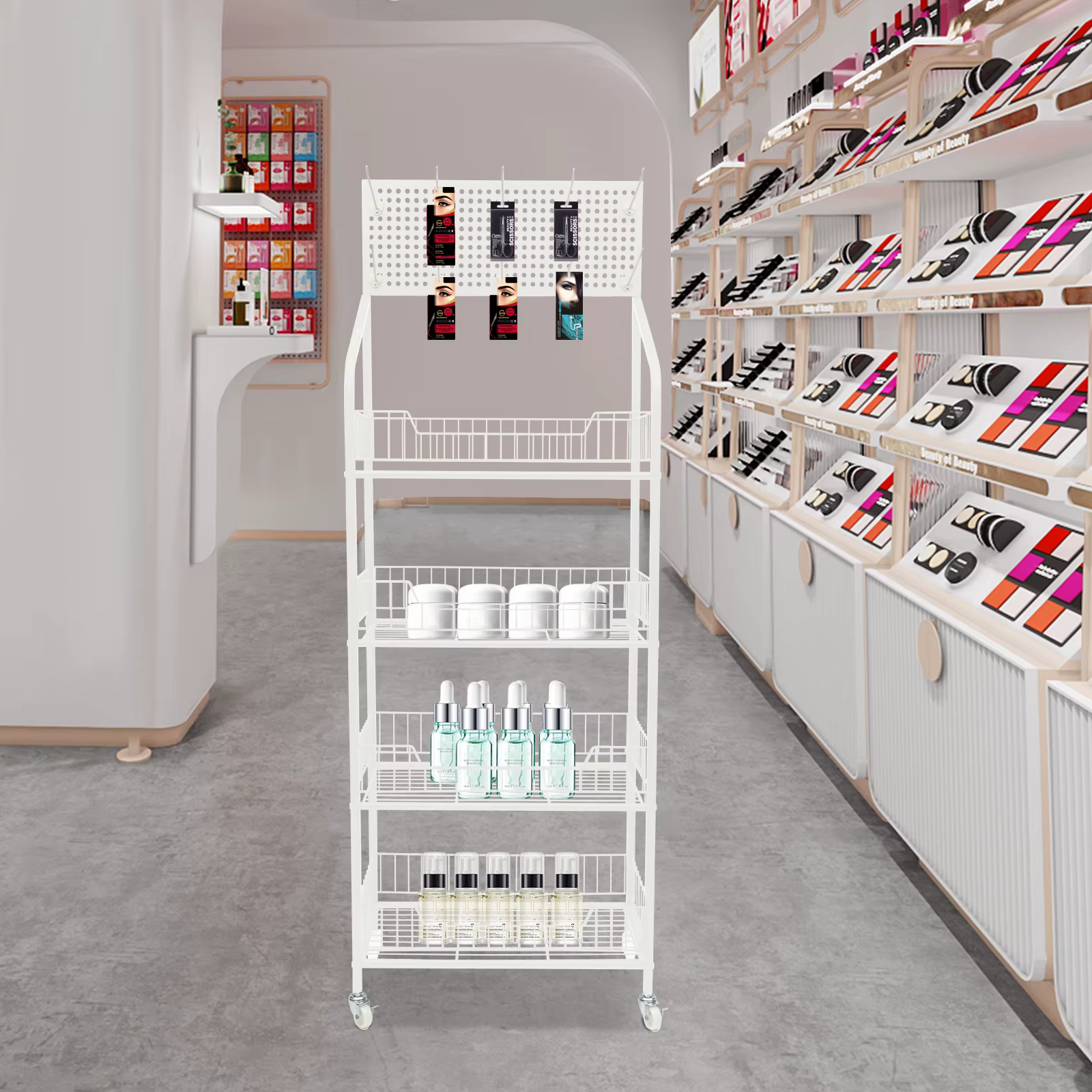 Présentoir de vente au détail T1, support de collation, présentoir de bonbons, panier blanc, chariot