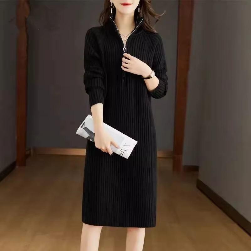 Robe à manches longues pour femmes, robe mi-longue, demi-fermeture éclair, monochromatique, grande r