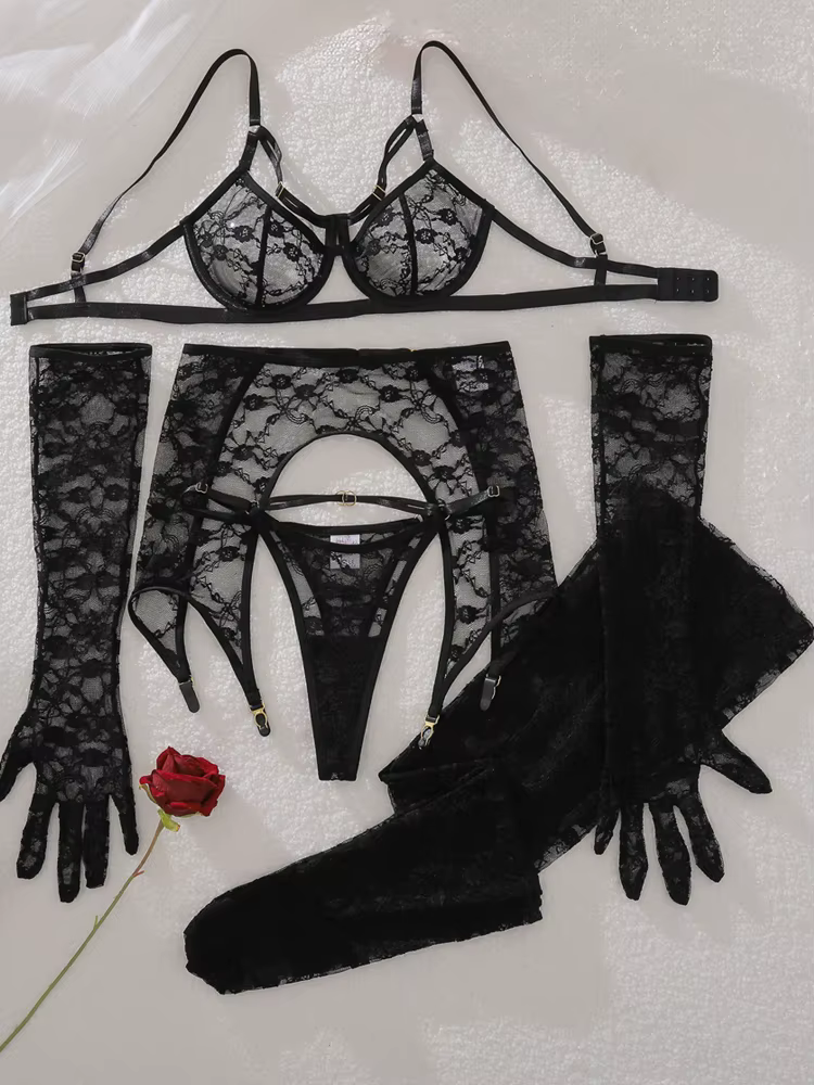 Lingerie Belamimi avec gants et bas, soutien-gorge sexy en dentelle transparente, porte-jarretelles 