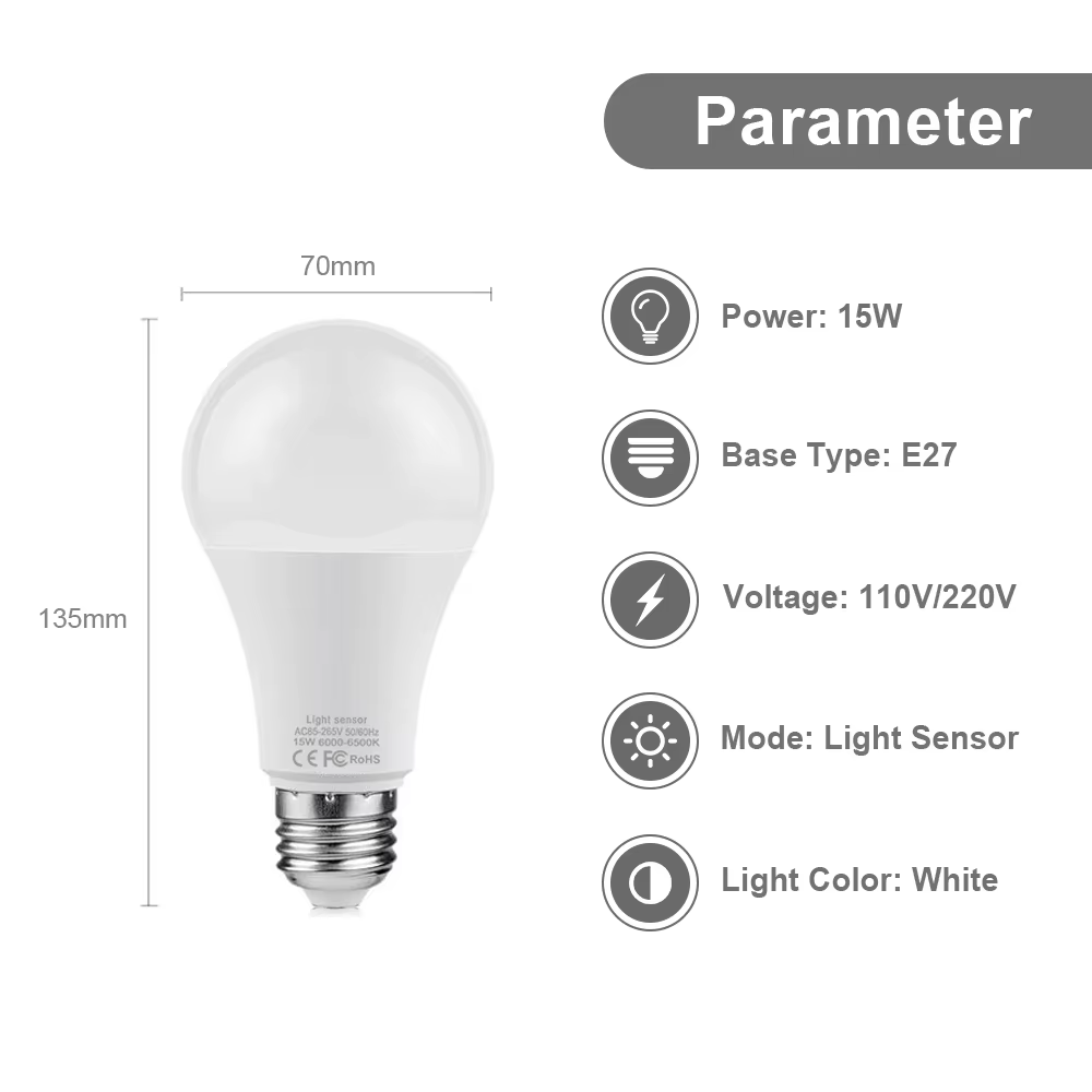 Ampoule LED avec capteur de lumière E27, 15W, crépuscule à l'aube, interrupteur marche/arrêt automat