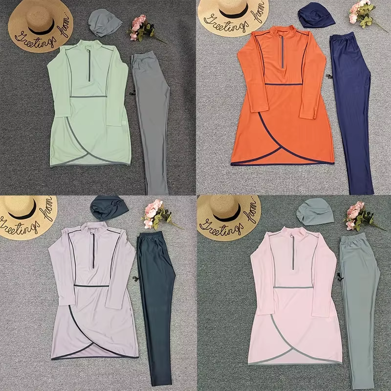 Maillot de Bain Musulman à Manches sulfpour Femme, Burkini, Turban, 3 Pièces