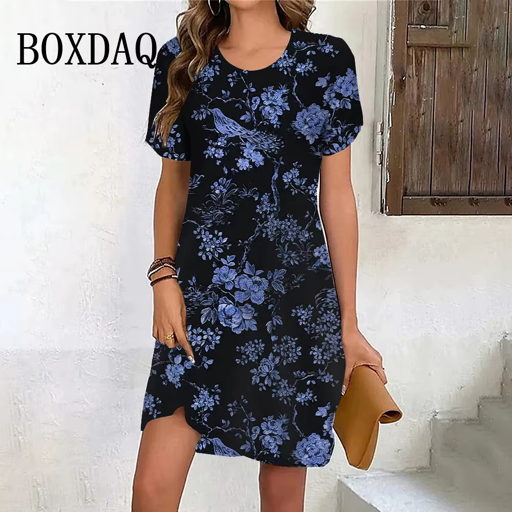 Robe d'été rétro à manches courtes pour femmes, vêtements décontractés, mini robe d'été, peinture d'
