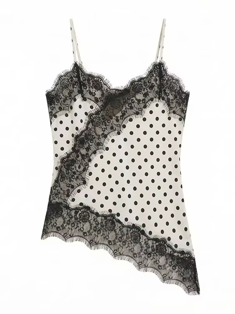 HH Femme Élégante Débardeur à Pois en Dentelle à Ourlet Asymétrique, Camisole Sexy d'Été avec Empièc