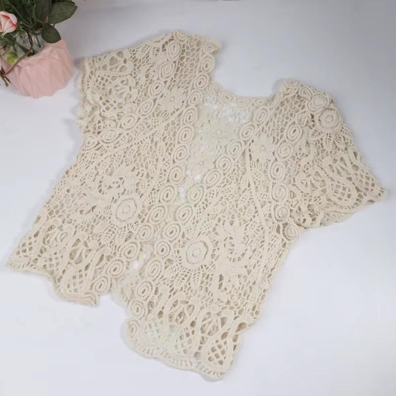 Femmes manches courtes Crochet haussements d'épaules évider fleur dentelle ouvert devant recadrée Ca