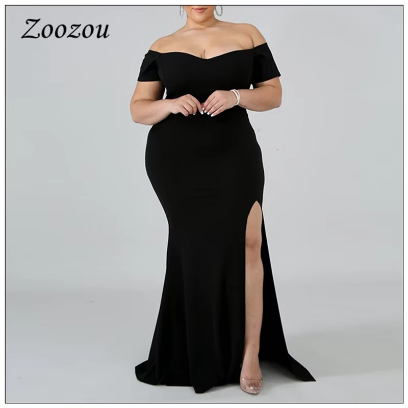 Robe de soirée Maxi noire, grande taille 4XL, élégante, épaules dénudées, manches courtes, longue, é