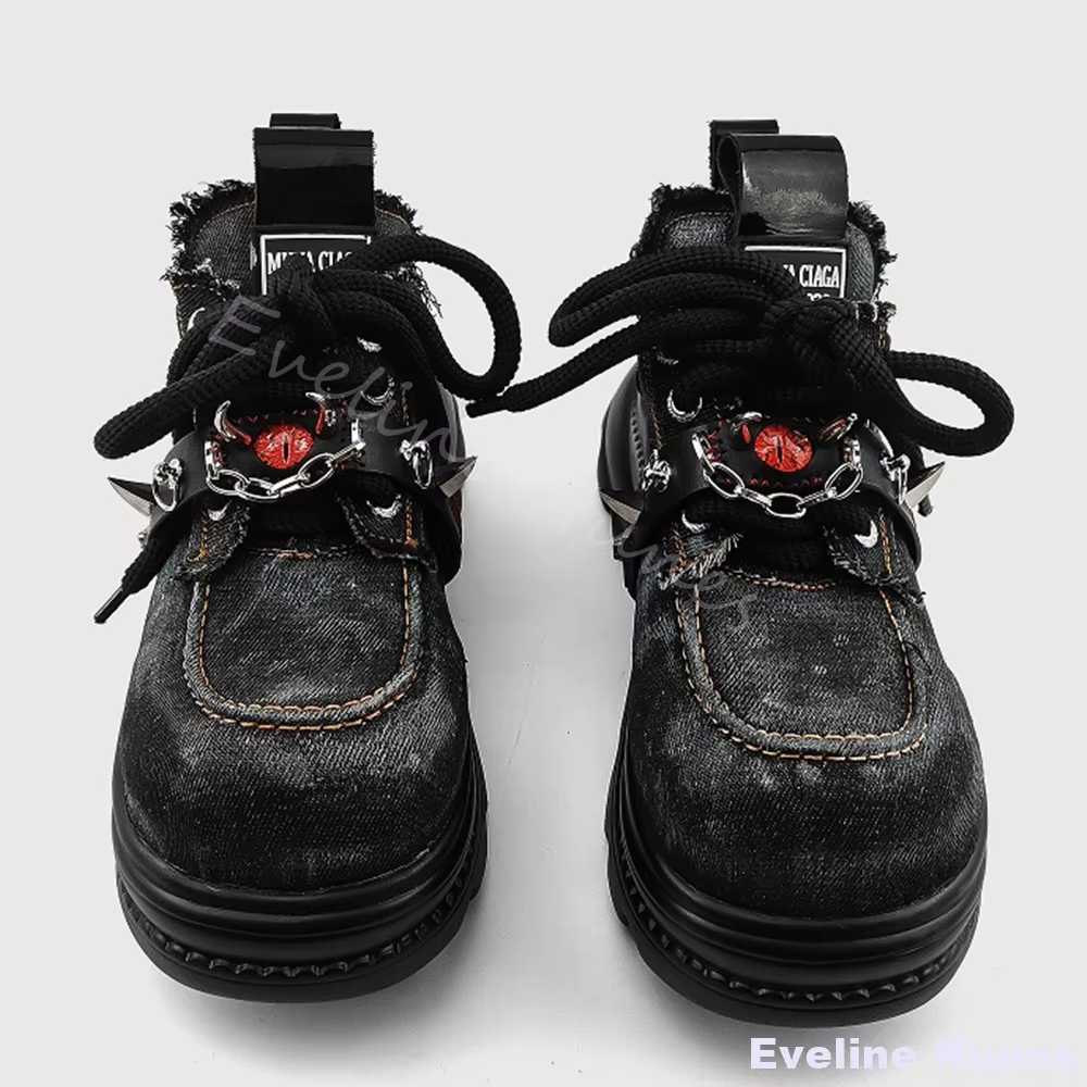 Evil Eye Punk Denim chaussures femmes décoration en métal bout rond plate-forme croix liée chaussure