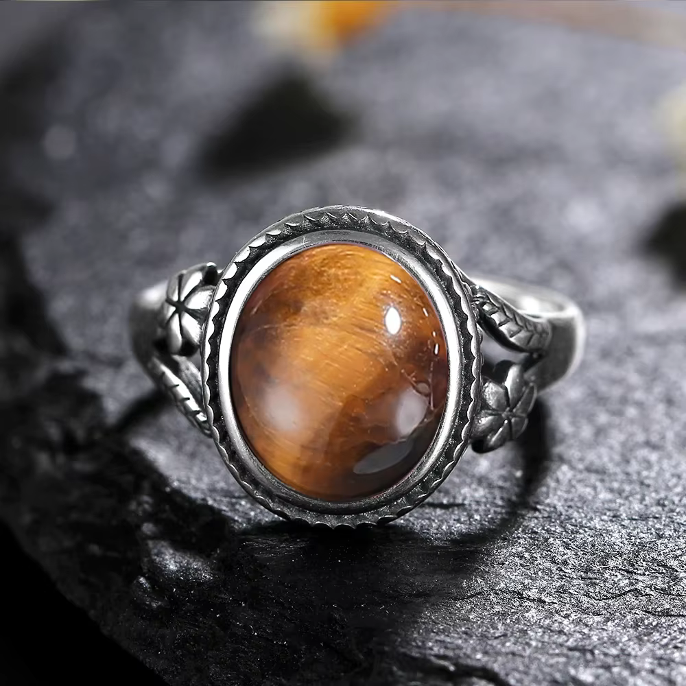 Vinatge bague en argent Bijoux féminins pierre de lune naturelle oeil de tigre anneaux personnalisés