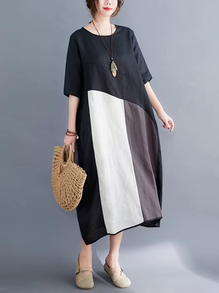 Robes en coton et lin vintage à contraste de couleurs pour femmes, nouvelle robe d'été décontractée