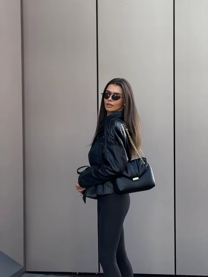ETJ 2025 automne nouvelle mode femme ceinture simili cuir à manches longues court trench manteau déc