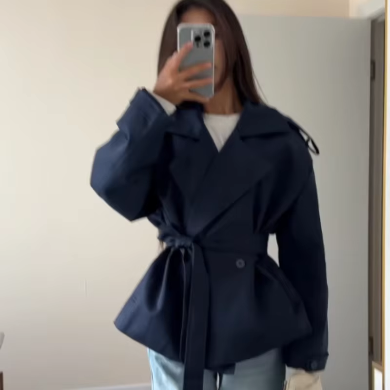 Manteau trench pour femme à col revers et col en V, manches longues, coupe ajustée, avec ceinture, c