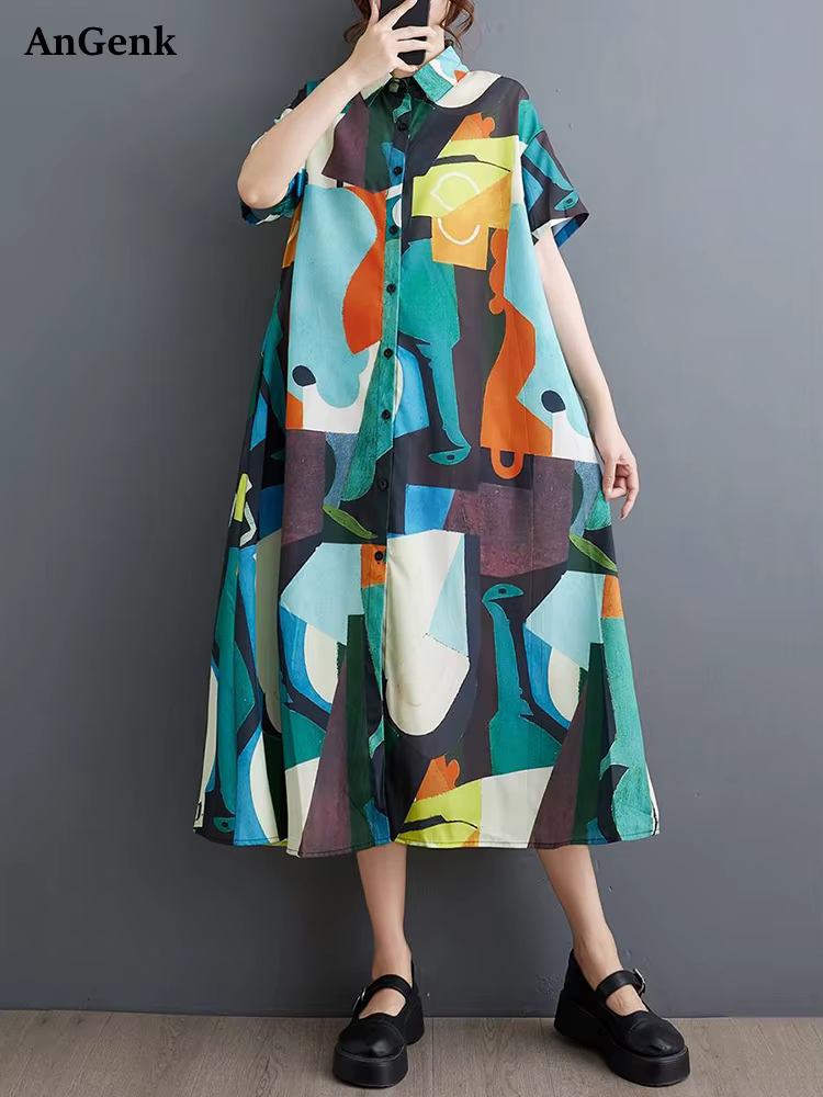 Nouvelles Robes Chemises Imprimées Vintage Été 2026 pour Femmes – Robe Midi Décontractée Ample à Man
