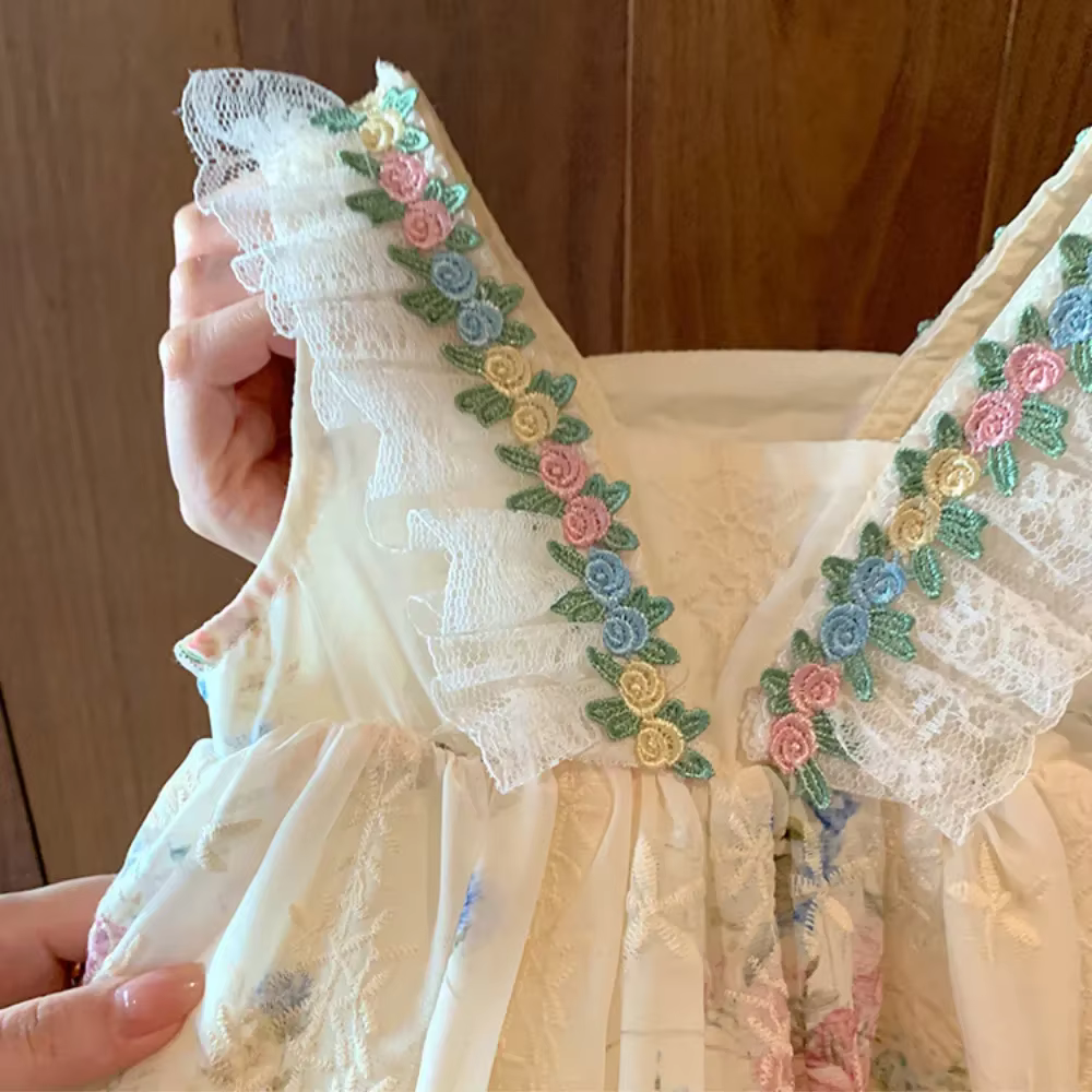Mode 2-7 ans fille imprimer dentelle sans manches gilet princesse robes été Beige fleur enfants vête