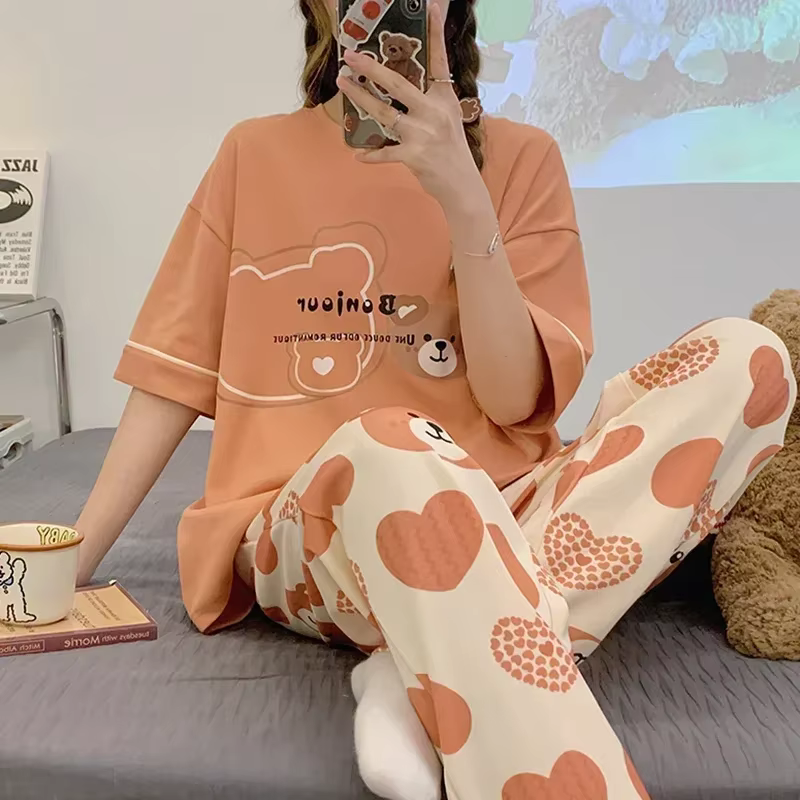 Pyjama d'été en coton doux pour femmes, vêtements de nuit à manches courtes, pantalon à carreaux, im