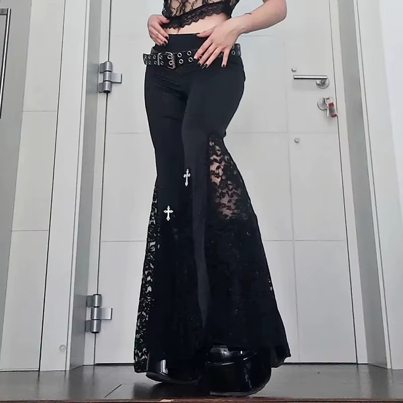 Goth – pantalon évasé en dentelle noire, Sexy, Patchwork, taille haute, Vintage, Harajuku, Hippie, P