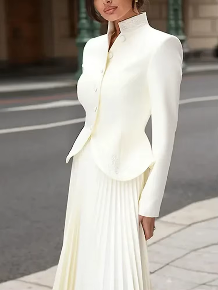 TWOTWurea YLE-Ensemble deux pièces pour femme, jupe taille haute, col montant, manches longues, bout