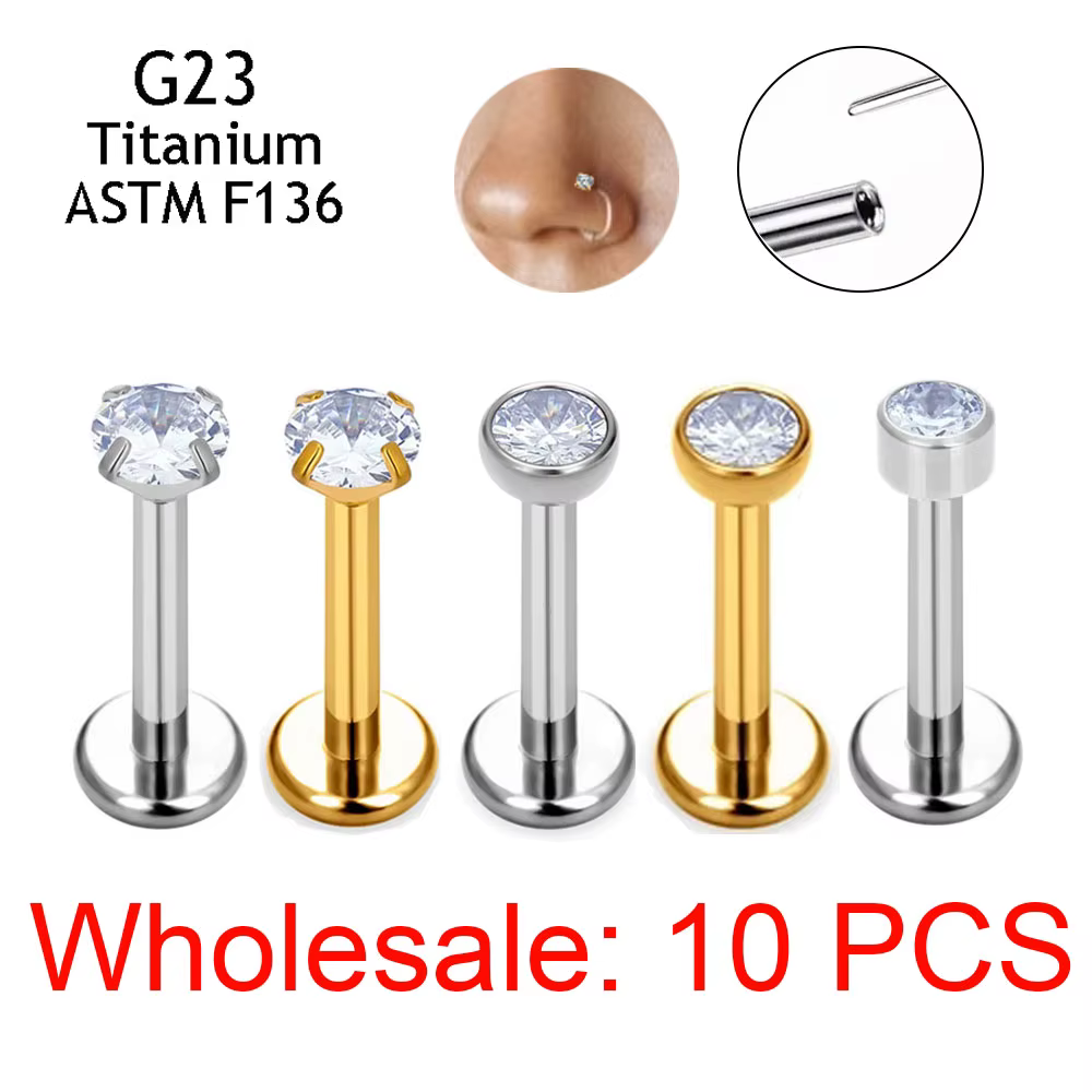 10 pièces clous d'oreille sans fil G23 titane nez PIERC punaise Labret lèvres anneaux boucles d'orei