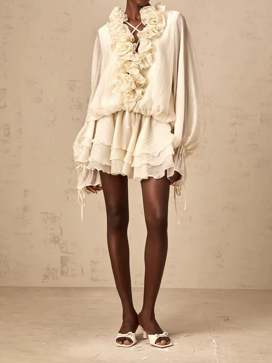 TWOTWINSTYLE – robe ample à fleurs 3D pour femmes, couleur unie, col en V, manches longues, Patchwor