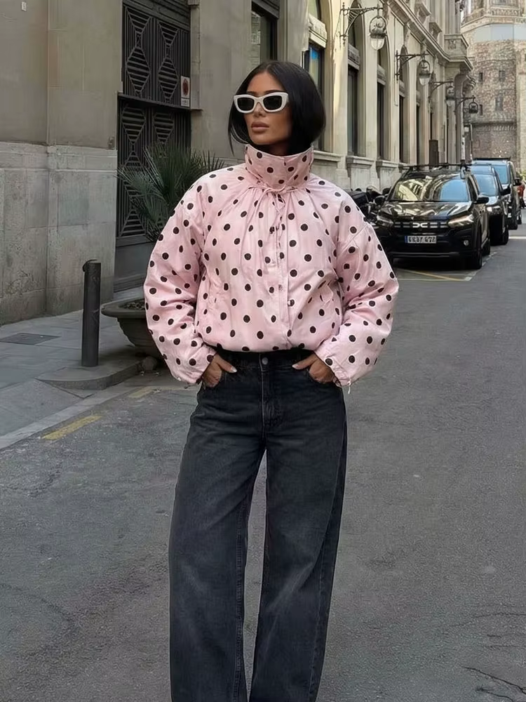 HH Tendance Printemps 2026 Manteaux Roses à Pois pour Femme, Col Roulé, Manches Longues, Boutons, St