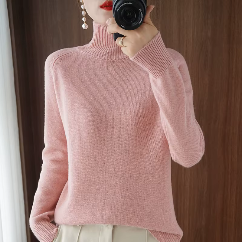 Automne hiver col montant laine mérinos pull basique décontracté pull en cachemire confort femmes ma