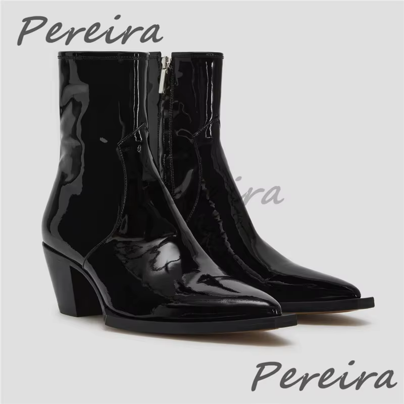 Bottes Chelsea en cuir verni noir pour hommes, chaussures courtes à bout pointu en cuir de vache ave
