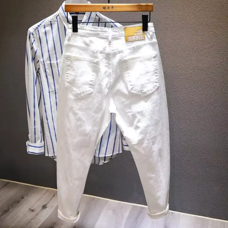 Jeans troués déchirés pour hommes, pantalons masculins blancs, streetwear confortable, denim, mode h