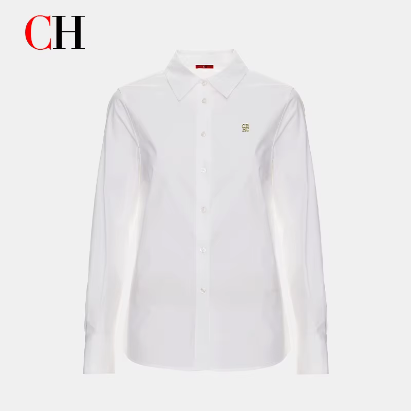 Chemise classique blanche boutonnée pour femme CH, manches longues, détail logo doré, chemisier form