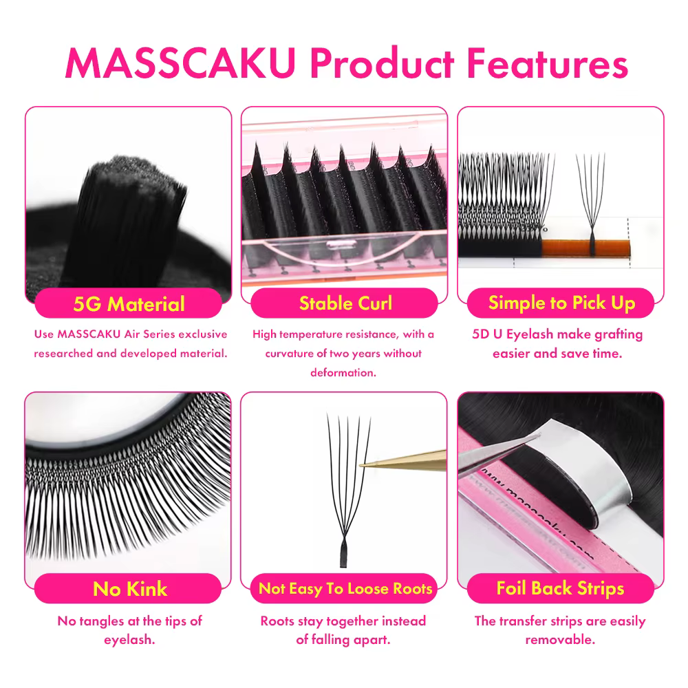 MASSCAKU Extensions de cils 3D/4D/5D/6D en forme de U épaisseur 0.07mm tissé à la main pré-fabriqué