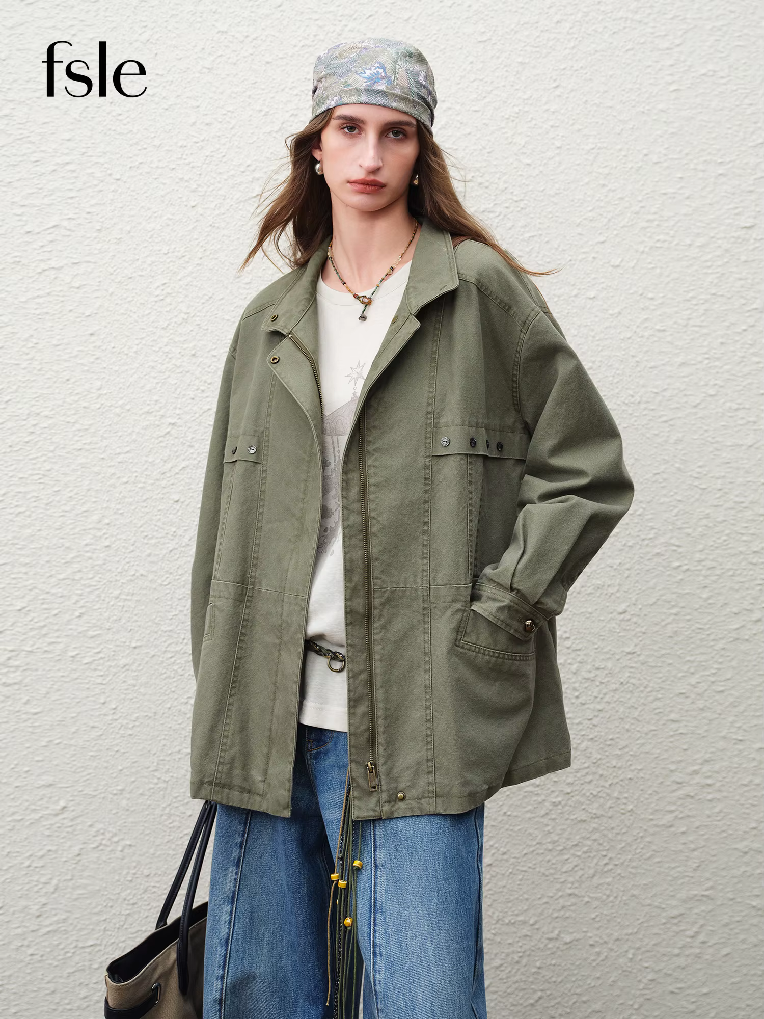 FSLE【Série Premium】Veste Courte Cargo Rétro Femme Printemps 2026 Col Montant Style Urbain Oversize